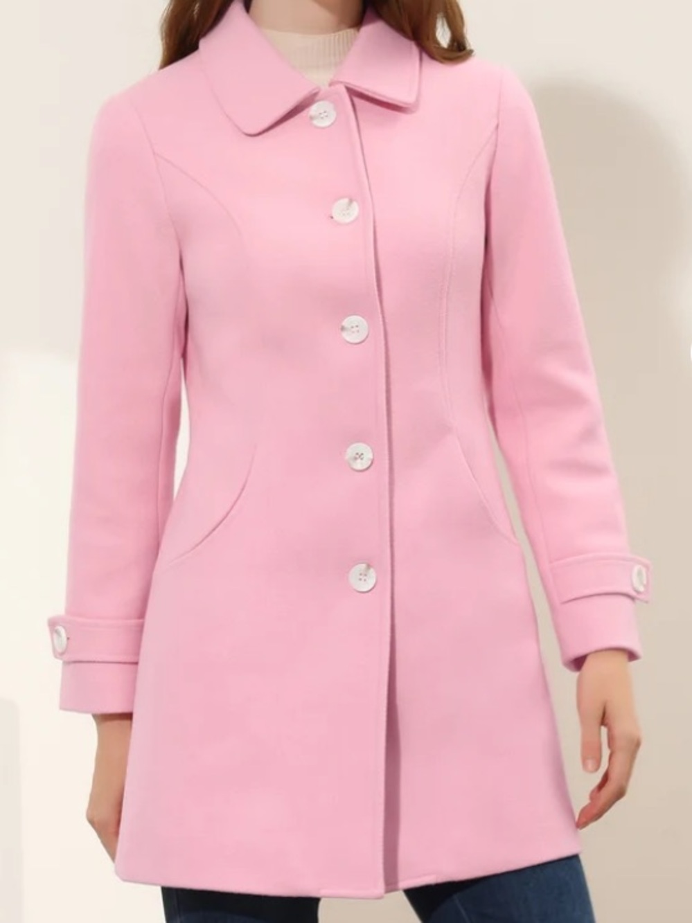 ALLEGRA K Women peter pan collar Pink Single-Breasted Wool-Blend PEACOAT